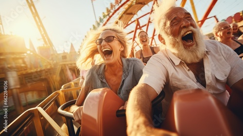 Portrait of a happy senior people on the roller coaster with dawn sunset sky background.