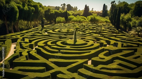 Wide angle of a garden featuring a hedge maze.