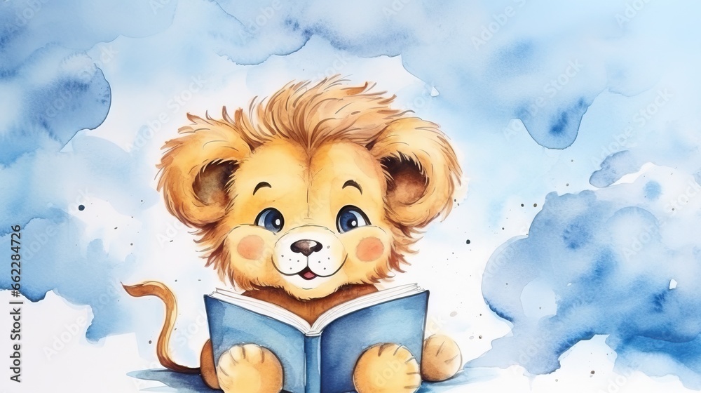 a painting of a lion reading a book in the clouds. generative ai a painting of a lion reading a book in the clouds. generative ai