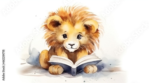  a watercolor painting of a lion reading a book with a white background.  generative ai © Shanti