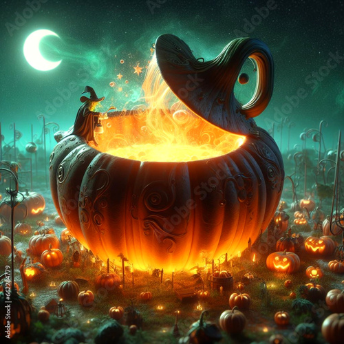 a witch brewing a magical potion inside a giant, bubbling pumpkin cauldron