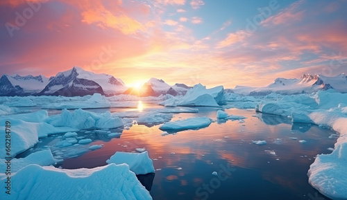 Ice and icebergs melting because of the global warm, sun light, golden hour