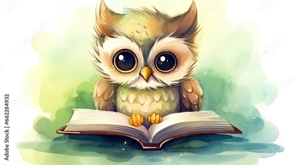  an owl sitting on top of an open book with big eyes.  generative ai