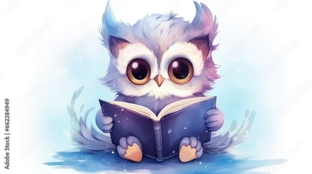  an owl is reading a book while sitting on the floor.  generative ai