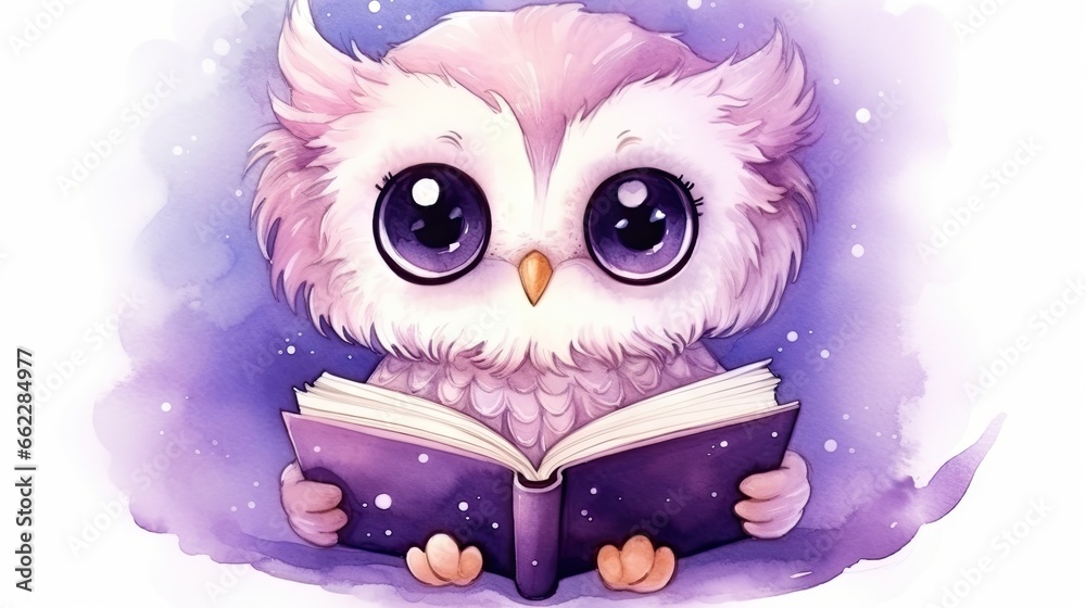  an owl is reading a book while wearing big blue eyes.  generative ai