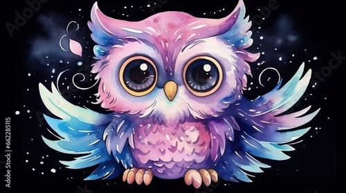  a colorful owl with big eyes sitting on a black background. generative ai