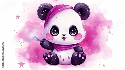  a panda bear with a pink scarf on its head sitting on a pink background.  generative ai