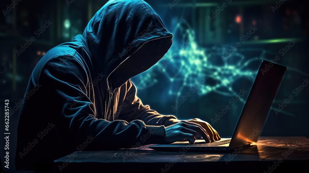 Hacker Working on Laptop Computer Monitor in the darkroom, trying to break cyber security. Professional Hooded Anonymous. Cybercrime Cyber Attack concept Hacker Working on Laptop Computer Monitor in the darkroom, trying to break cyber security. Professional Hooded Anonymous. Cybercrime Cyber Attack concept