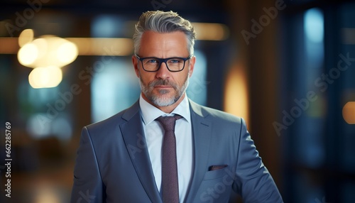 An older businessman in a suit, tie, with grey hair, grey beard and black glasses, copy space