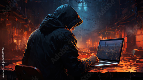 Hacker Working on Laptop Computer Monitor in the darkroom, trying to break cyber security. Professional Hooded Anonymous. Cybercrime Cyber Attack concept