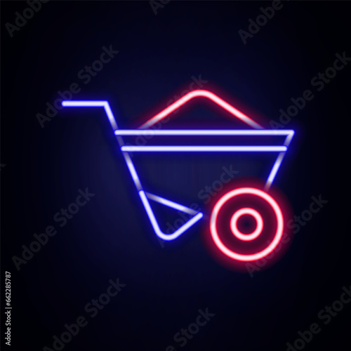 Glowing neon line Wheelbarrow icon isolated on brick wall background. Tool equipment. Agriculture cart wheel farm. Colorful outline concept. Vector