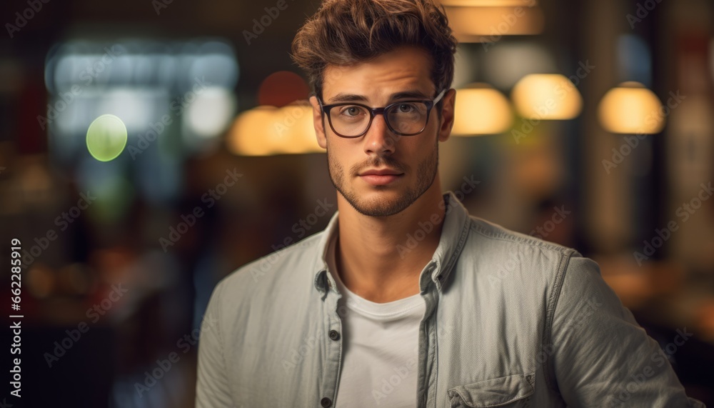 young handsome student with a beard and glasses, blurred background, copy space young handsome student with a beard and glasses, blurred background, copy space