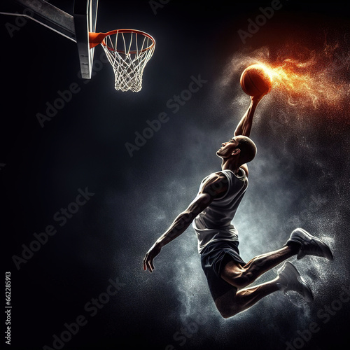 Basketball Player in Action holding a Burning Ball in Flames, Jumping for Powerful Slam Dunk. Jump Shot on Professional Arena during the game, throwing ball into basket. Athletic male training , Sport © Syntetic Dreams