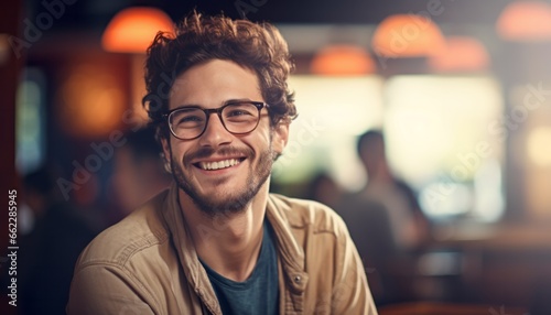 30 year old happy smiling student with a beard and glasses, blurred background, copy space