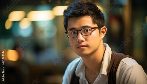 30 year old Asian student with dark short hair and glasses, blurred background, copy space