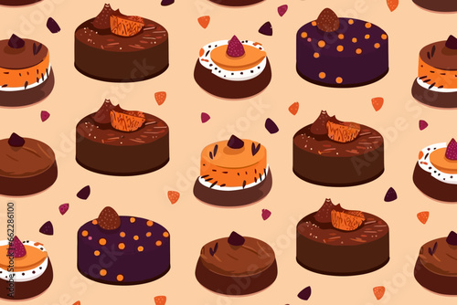Chocolate cheesecake quirky doodle pattern, wallpaper, background, cartoon, vector, whimsical Illustration