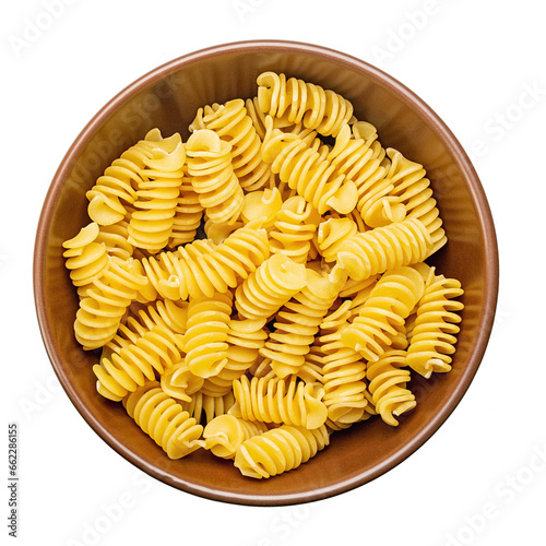 Pasta close-up. Fusilli spirale in a bowl, isolated on white background. Full depth of field. File contains clipping path.