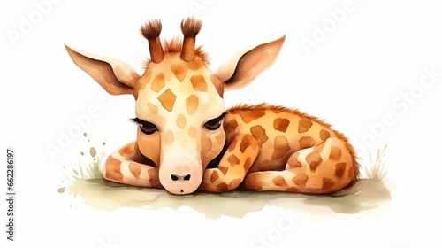  a painting of a giraffe laying down on the ground. generative ai