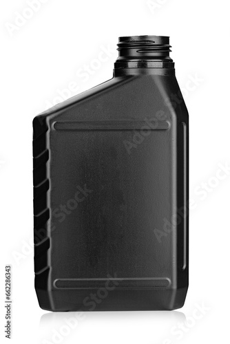 Plastic container for engine oil, isolated on white background.