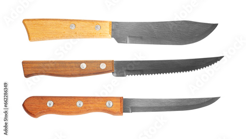 Three different kitchen knives with a wooden handle. Isolated on white background.