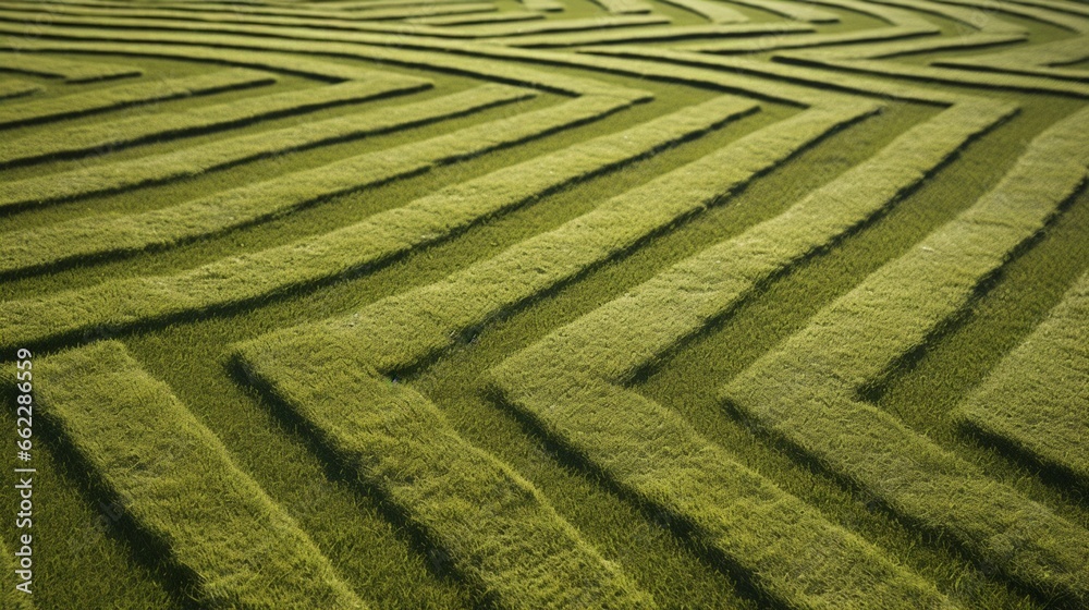 Zigzag patterns of mowed grass on a sports field.