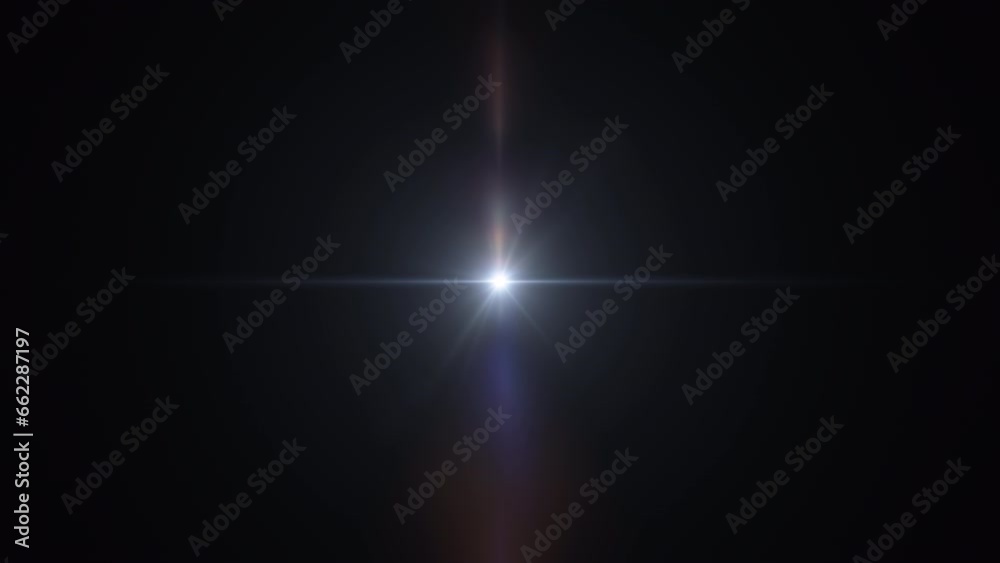 Abstract loop center star white blue optical lens flares shine light flickering with long arm motion animation on black background. Isolated with alpha channel Quicktime Prores 444 
