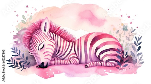  a watercolor painting of a zebra laying down on the ground.  generative ai
