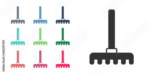 Black Garden rake icon isolated on white background. Tool for horticulture, agriculture, farming. Ground cultivator. Housekeeping equipment. Set icons colorful. Vector