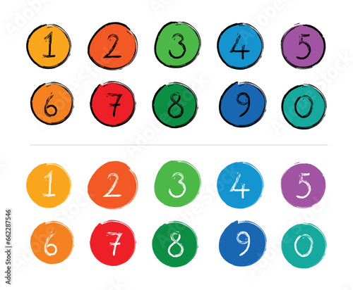 hand drawn numbers and colorful circles. colorful numbers drawn with brush