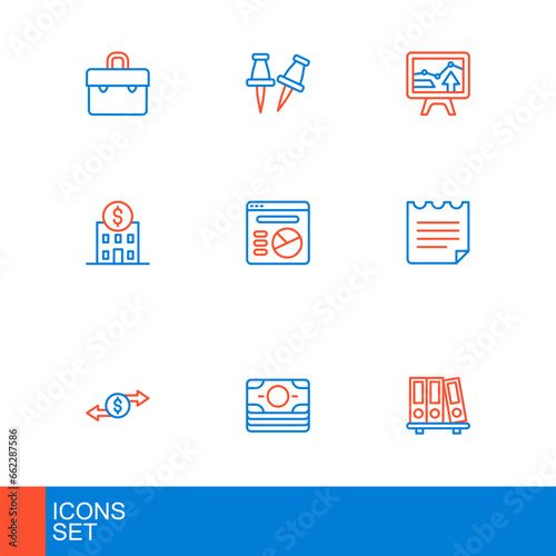 Set line Office folders, Stacks paper money cash, Money exchange, Notebook, Bank building, Pie chart infographic, Monitor with and Push pin icon. Vector