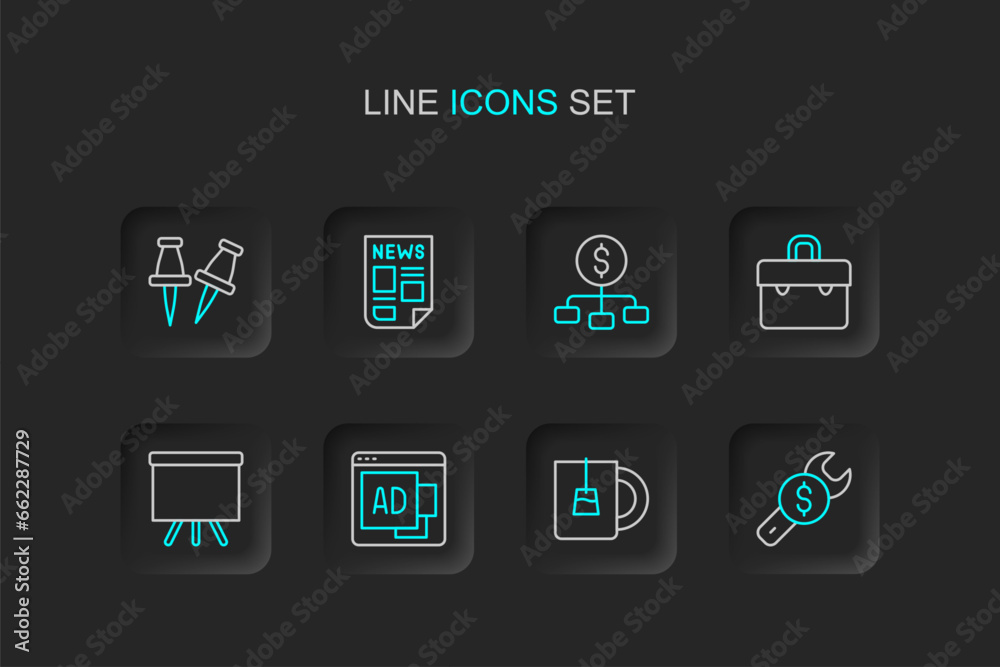 Set line Repair price, Cup of tea, Advertising, Chalkboard, Briefcase, Hierarchy with dollar, News and Push pin icon. Vector