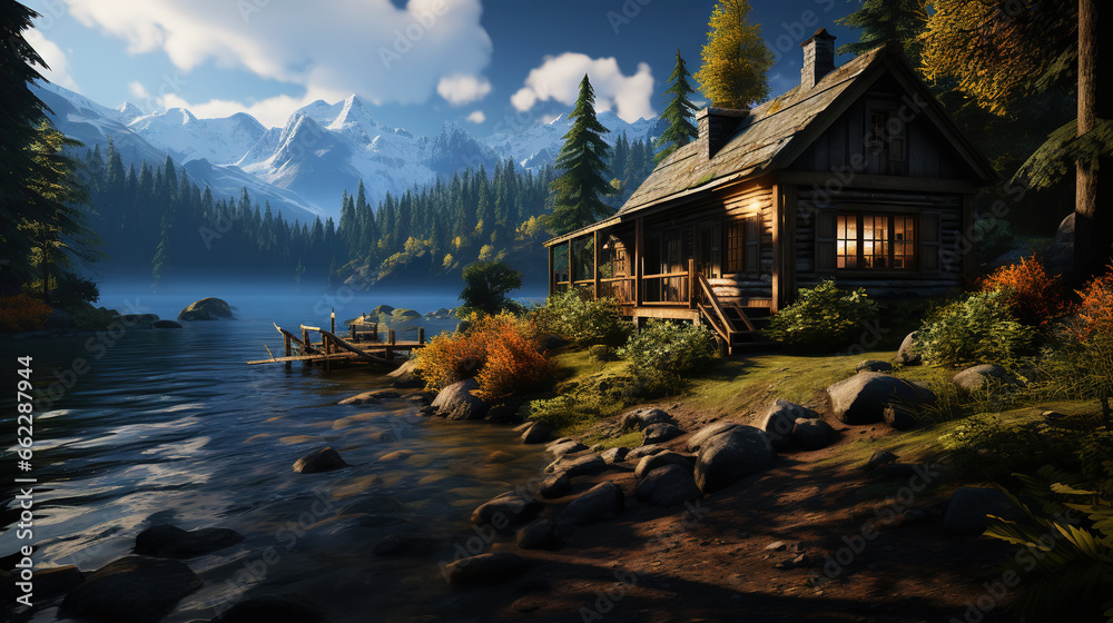  House near a lake. Atmospheric, calm, peaceful wooden house in nature. Generative AI