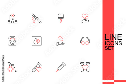 Set line Test tube with blood, Syringe, Wheelchair for disabled person, Glasses, Medical prescription, Blood test and Emergency call 911 icon. Vector