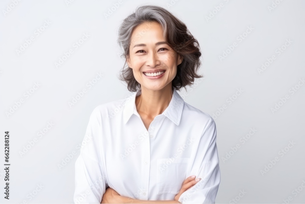 Portrait of Asian senior woman posing on white wall background. Portrait of Asian senior woman posing on white wall background.