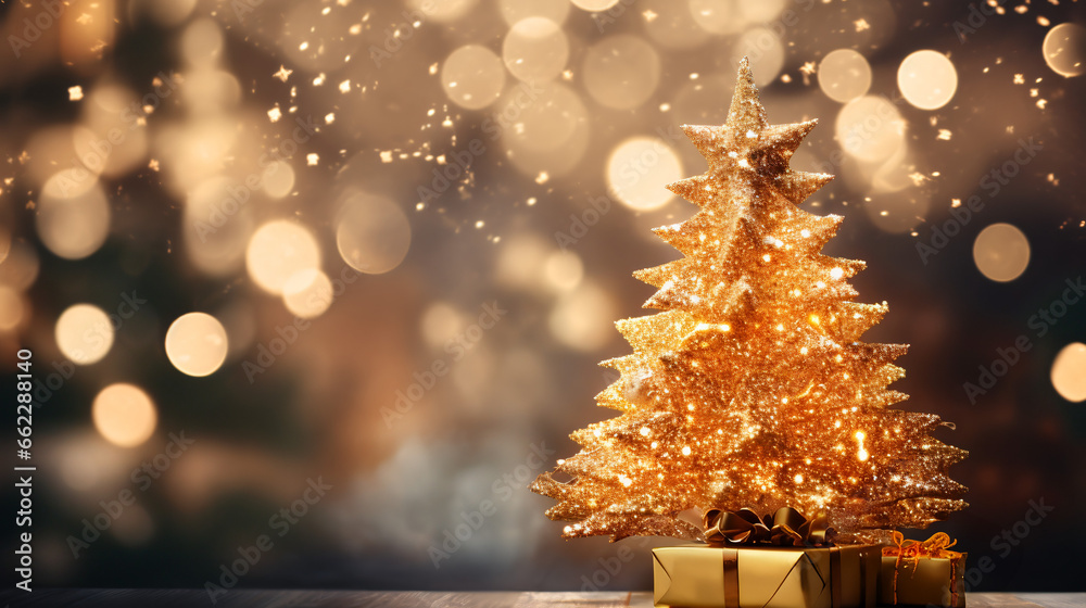 Gold Christmas background of de - focused lights with decorated tree - obrazy, fototapety, plakaty 