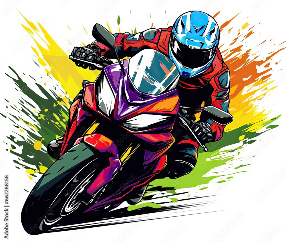  a person riding a motorcycle on a colorful track of paint.  generative ai