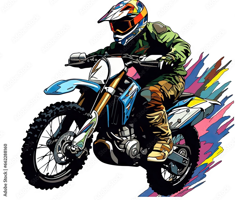  a person riding a dirt bike on a white background with a splash of paint.  generative ai