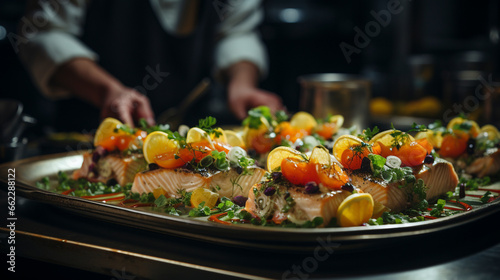 Modern food stylist decorating meal for presentation UHD wallpaper Stock Photographic Image