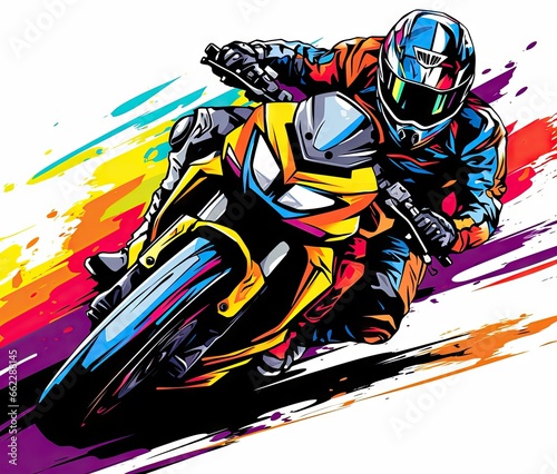  a person riding a motorcycle on a colorful track with paint splatters.  generative ai © Jevjenijs