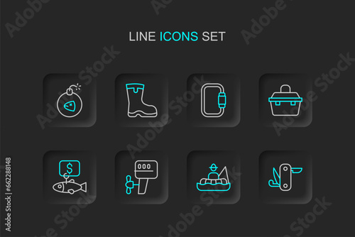 Set line Swiss army knife, Fisherman in boat, Outboard motor, Price tag for fish, Case box fishing equipment, Carabiner, Fishing boots and Bomb icon. Vector