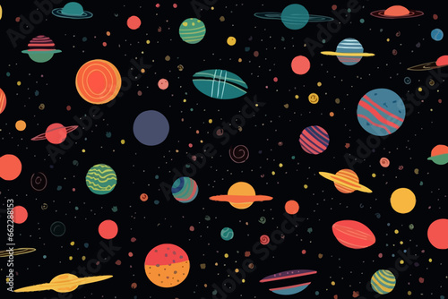 Meteors and other space debris quirky doodle pattern, wallpaper, background, cartoon, vector, whimsical Illustration