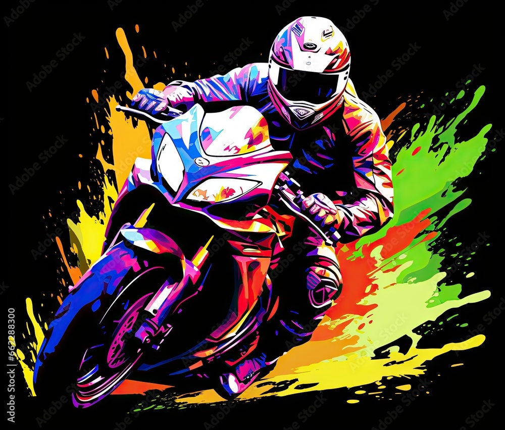  a person riding a motorcycle on a colorful background with paint splatters.  generative ai