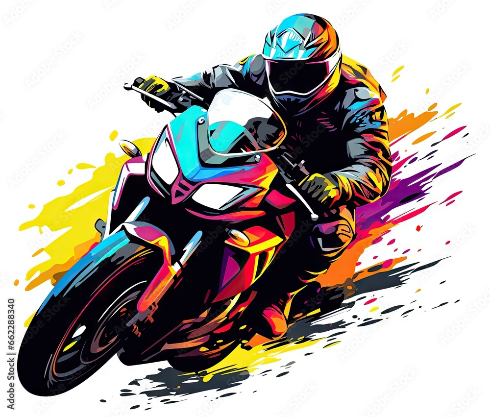  a person riding a motorcycle on a colorful track with paint splatters.  generative ai