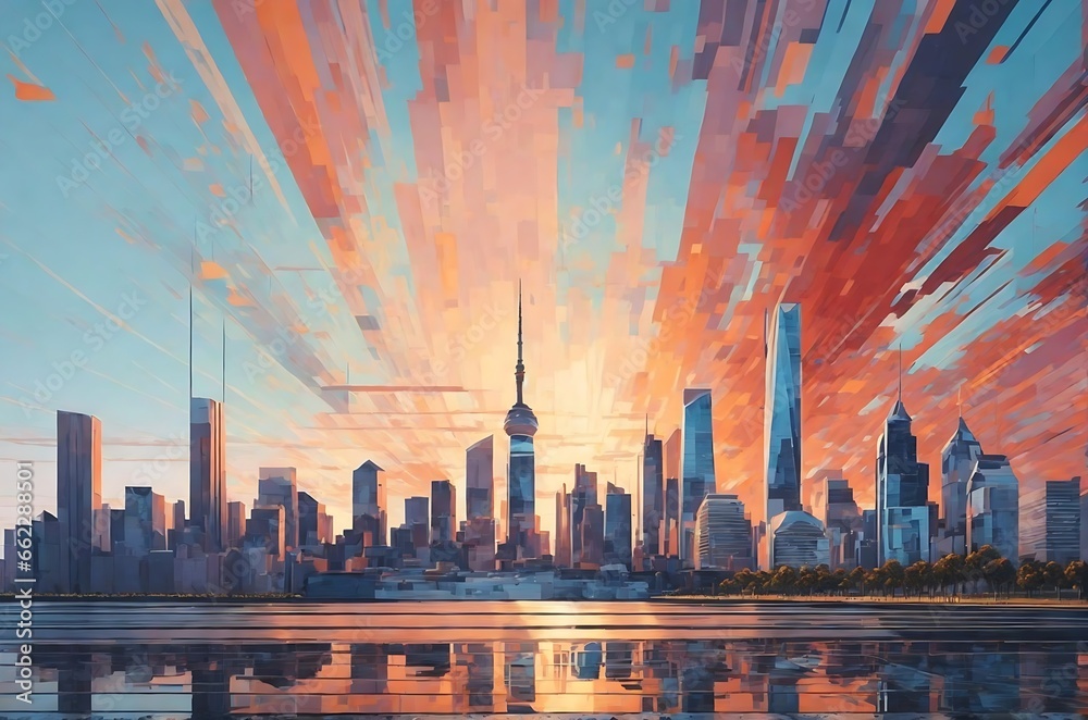 Explore the dynamic beauty of cityscapes with AI art that transforms urban architecture into vibrant, explosive masterpieces.