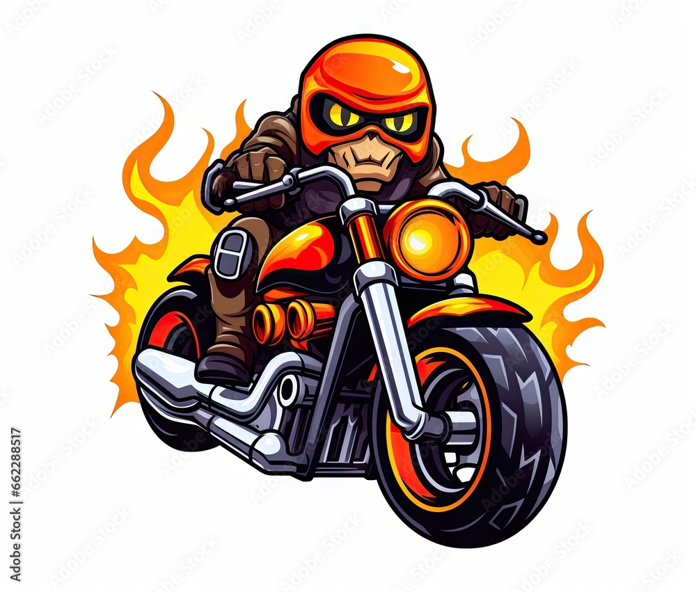 a cartoon motorcycle rider with flames on the back of it. generative ai a cartoon motorcycle rider with flames on the back of it. generative ai