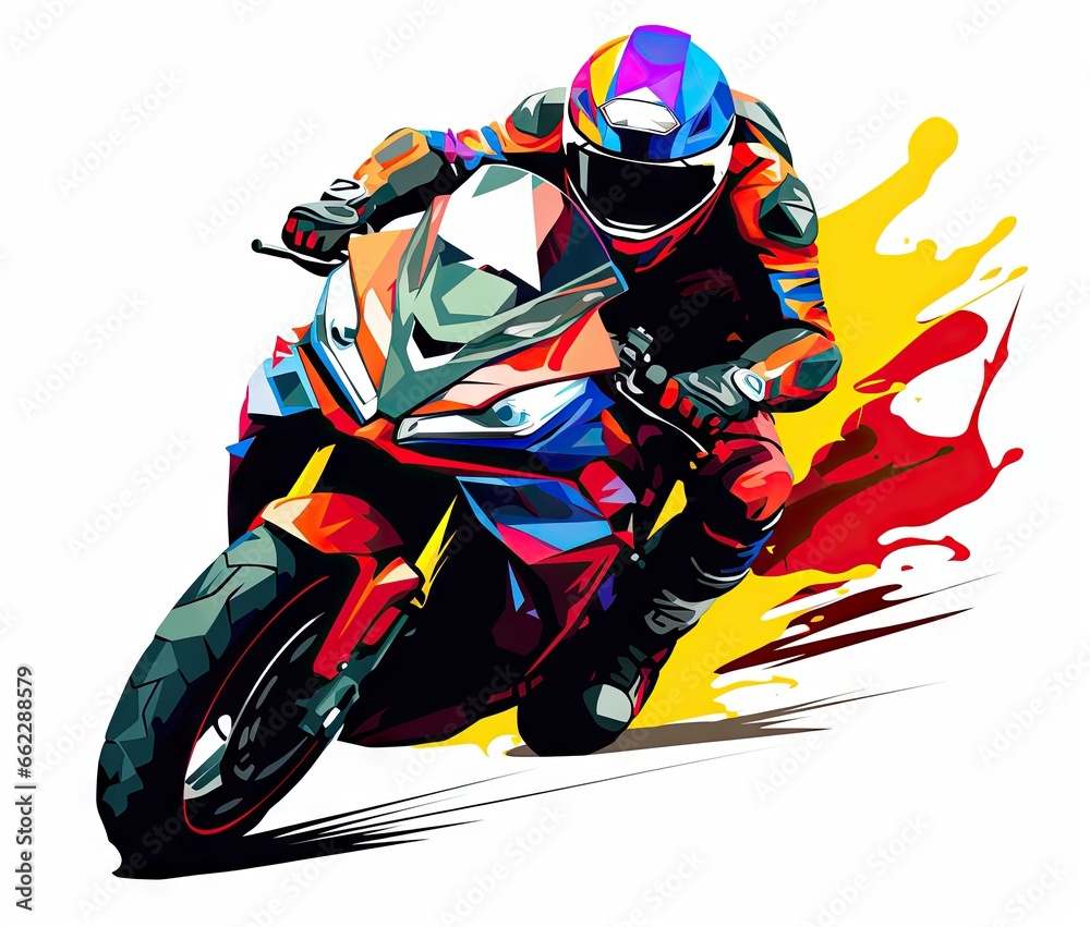  a person riding a motorcycle on a track with colorful paint splatters.  generative ai