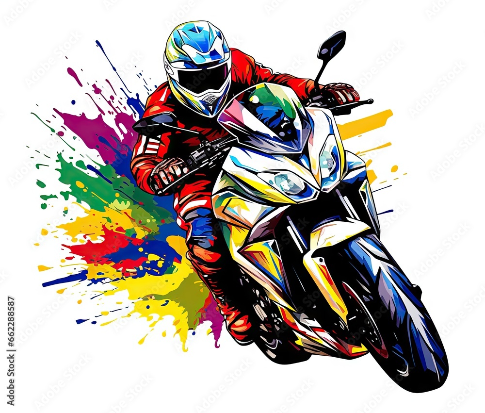  a person riding a motorcycle on a colorful background with paint splatters.  generative ai