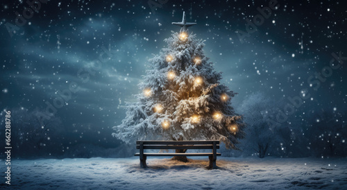 Christmas tree sits in the park with snow and long chair at night