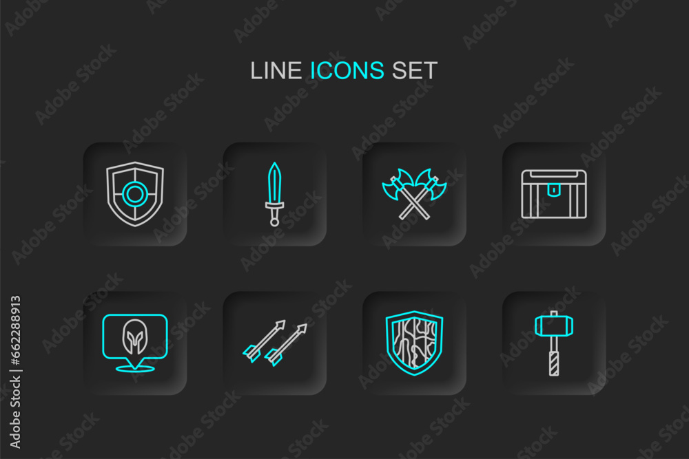 Set line Battle hammer, Shield, Medieval arrows, helmet, Antique treasure chest, Crossed medieval axes, sword and icon. Vector Set line Battle hammer, Shield, Medieval arrows, helmet, Antique treasure chest, Crossed medieval axes, sword and icon. Vector