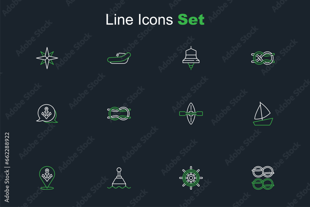 Set line Nautical rope knots, Ship steering wheel, Floating buoy, Location with anchor, Yacht sailboat, Kayak and paddle, and Anchor icon. Vector Set line Nautical rope knots, Ship steering wheel, Floating buoy, Location with anchor, Yacht sailboat, Kayak and paddle, and Anchor icon. Vector